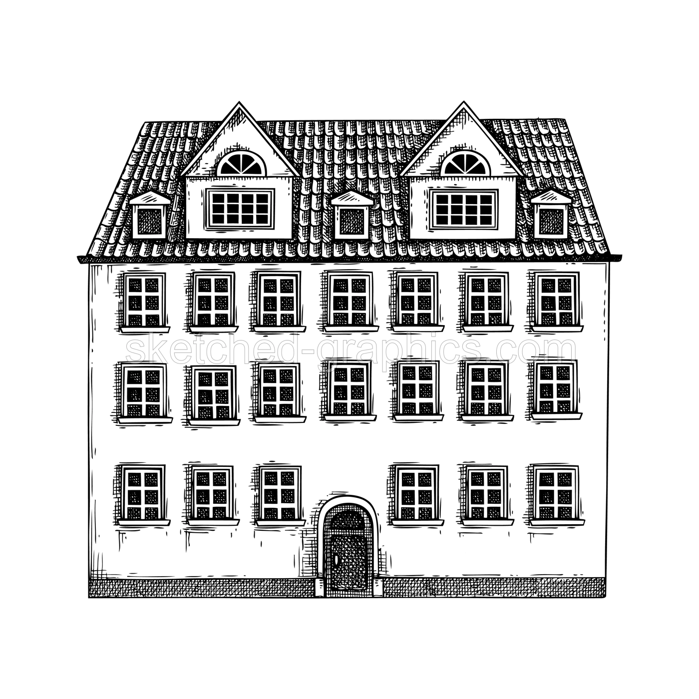 European city architecture sketch. Traditional old building drawing. Vintage style mansoin house hand-drawn vector illustration. Architectural design element.  NOT AI generated Illustration